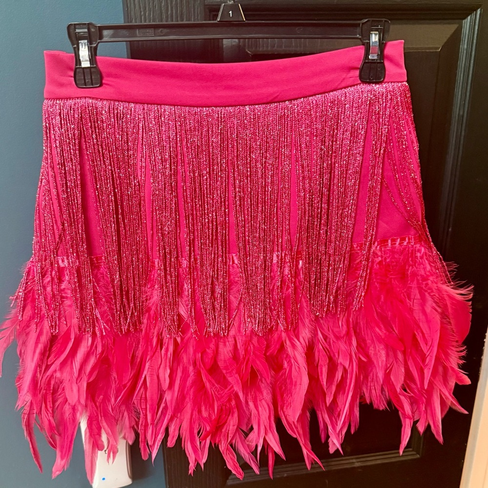 Hot Pink Feathered Mini Skirt with sparkling tassel.